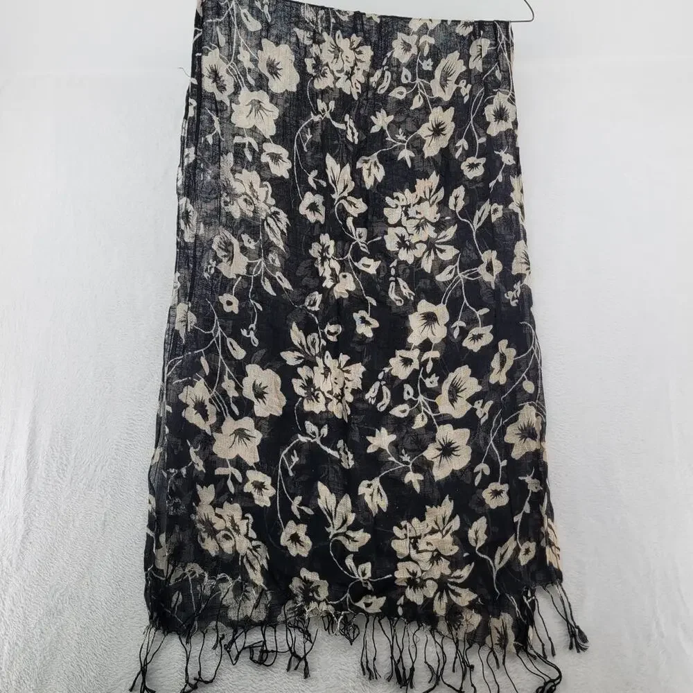 Black White Floral Fringe Scarf Lightweight Boho Wrap Layering Classic Fall